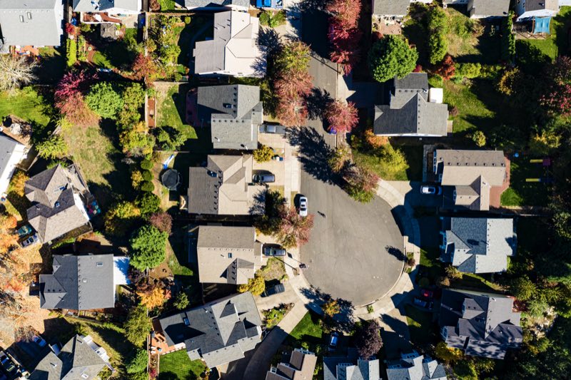 Aerial view of a suburban neighborhood street